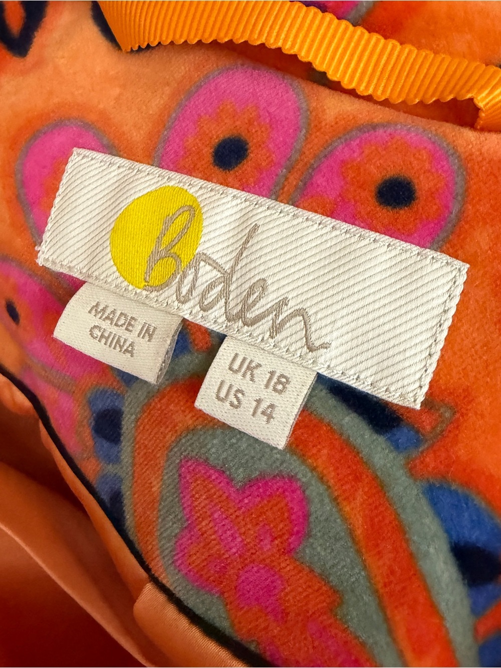 Boden Orange Paisley Velvet  Button-Front Long Sleeve Coat - Size 14 - Picture 11 of 16